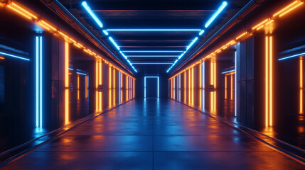 Fototapeta premium dark empty concrete industrial basement hall futuristic design with blue and orange neon light. 3d render illustration hdri hdr vr virtual reality