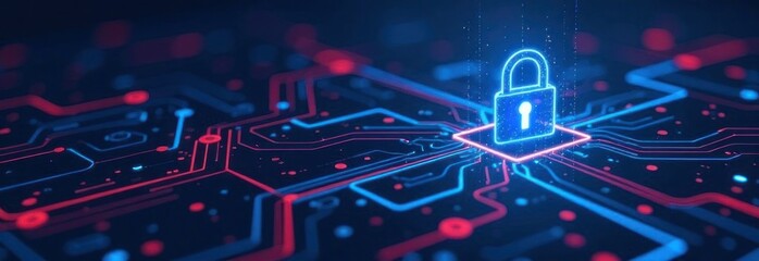 Fototapeta premium Digital padlock protecting futuristic circuit board from cyber threats