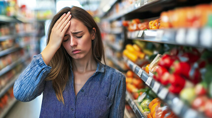 Young woman in denim shirt standing in grocery store looking tense and depressed holding forehead