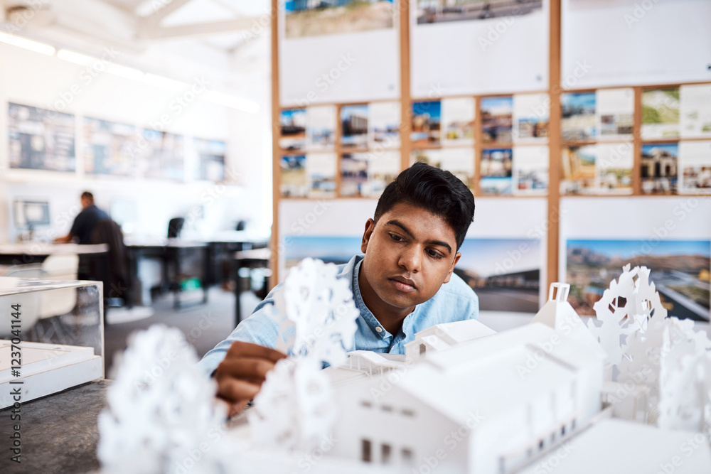 Poster man, engineer or building model in office for school development, project management or planning con