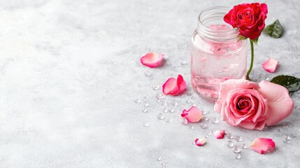 Pink and red roses in water, grey background, romantic setting, ideal for beauty or wellness