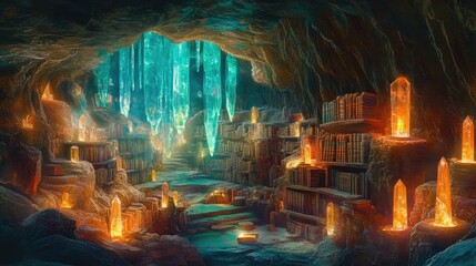 Fototapeta premium Enchanting Crystal Cave Library with Ancient Books
