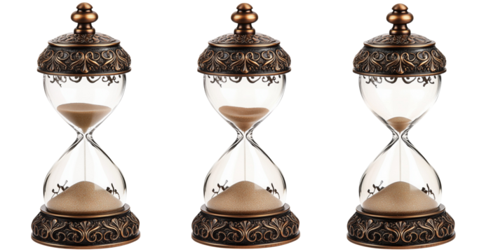 set of elegant vintage sandglasses / hourglasses with brown sand falling down isolated over transparent (white) background with different level of sand / liquid; concept of time measuring, break, 