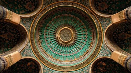 Ornate dome ceiling, mosque interior, Islamic architecture, intricate design, background pillars, cultural heritage, travel, design inspiration