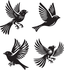 Intricate Black and White Silhouettes of Birds in Flight