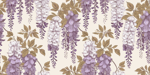 Showcases a repeating pattern of wisteria flowers in various shades of purple and white, interspersed with green and brown leaves, set against a light background.