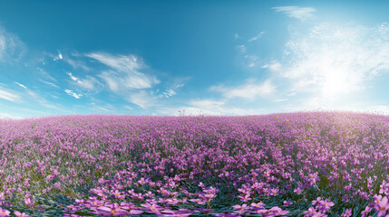 Fototapeta premium Field of purple flowers under a blue sky 360 panorama vr environment map 3d render illustration. 3D Illustration