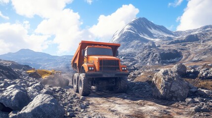 Orange Dump Truck Hauling Ore Through Mountainous Terrain