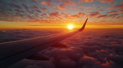 Breathtaking sunset view from an airplane wing above clouds during evening flight