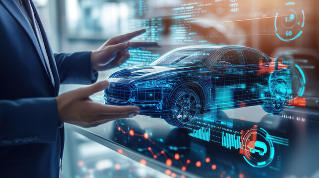 Automotive Sales Professional Showcasing a Car Model to a Customer with Digital Market Graphs in the Background Illustrating Global Vehicle Price Trends and Market Fluctuations