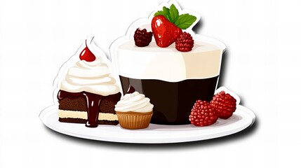 A delectable assortment of cakes and pastries, perfect for any sweet tooth. Chocolate, berries, and cream combine for a delightful treat!