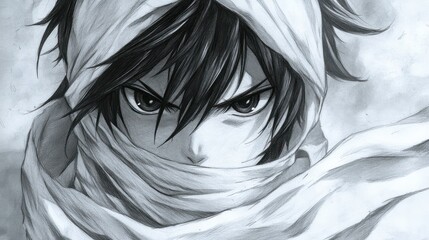 Fototapeta premium Angry Anime Boy Desert Scarf Stormy Background