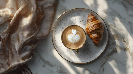 A cup of latte art coffee with a croissant on a marble table, bathed in sunlight. A perfect morning treat.
