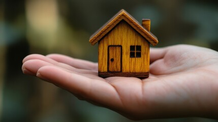 A charming miniature wooden house rests gently in a hand, depicting the concept of home and security, symbolizing warmth and comfort in a modern minimalist lifestyle.