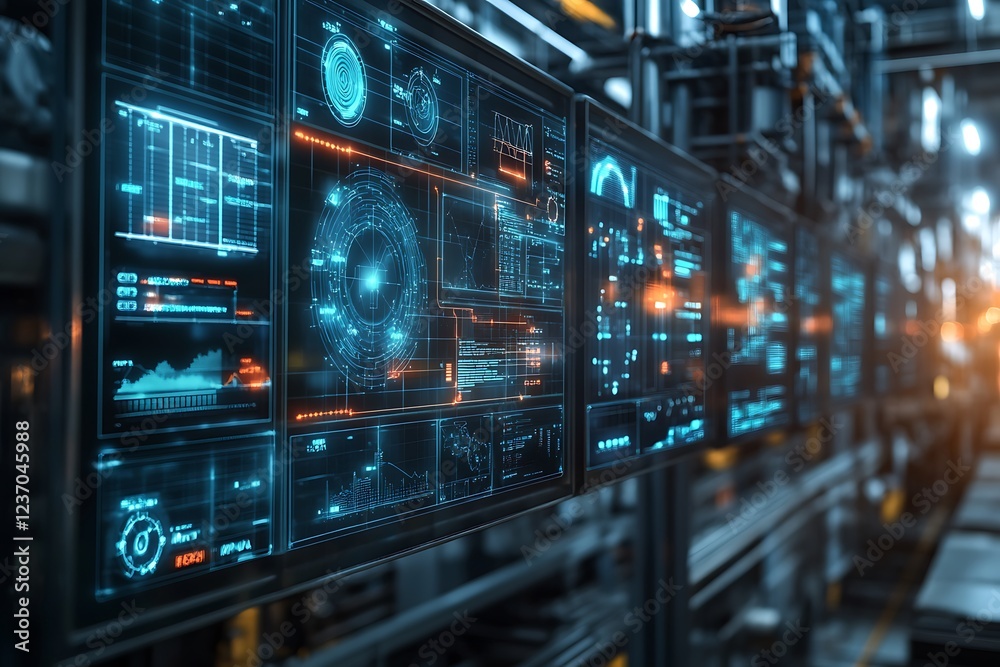 Poster futuristic control panel displays real-time data in a factory setting.