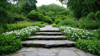 Stone steps leading to lush garden