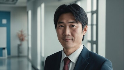 Confident Japanese Businessman in Modern Office with Subtle Traditional Decor: Inclusive Corporate Portrait for Diversity Campaigns, Shot in Soft Natural Lighting