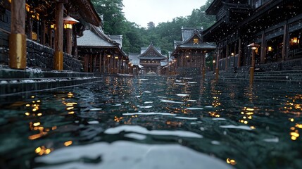 Rainy day at Asian village canal, lights reflecting on water