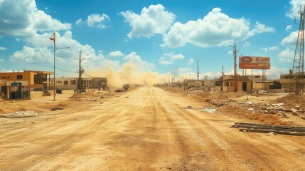 Dusty Road Under Construction Amidst Desert Buildings