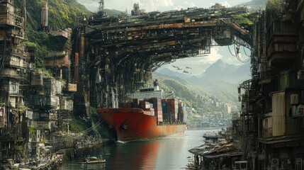 Fototapeta premium Cargo Ship Navigates Futuristic Ruined Cityscape