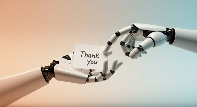 Robotic Hands Sharing Thank You Note in Futuristic Scene
