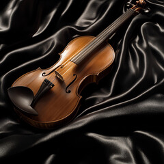 Obraz premium Elegant wooden violin resting on dark satin fabric in soft lighting creates a serene ambiance