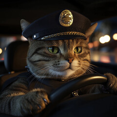 Creative cat dressed as a police officer driving a patrol car at night