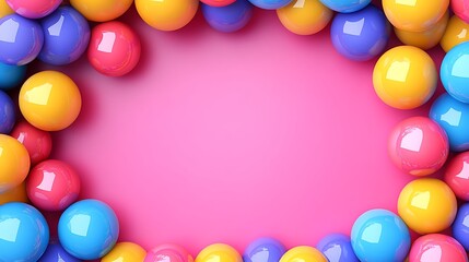 Colorful glossy spheres frame pink background