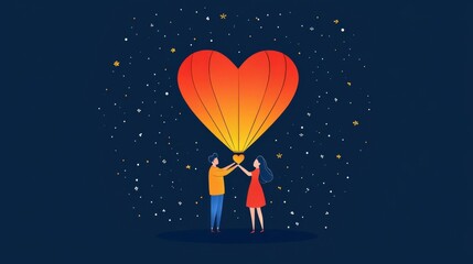 Fototapeta premium Couple releasing a heart-shaped balloon in a night sky.