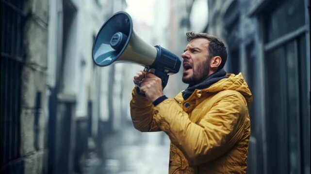 Dynamic man with a megaphone passionately communicating in a narrow alley.