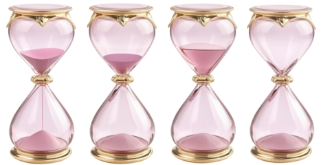 set of modern pink & golden sandglasses / hourglasses isolated over transparent (white) background with different level of sand / liquid; concept of time measuring, break, 