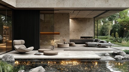 Serene Modern Architectural Design: Outdoor Lounge with Water Feature