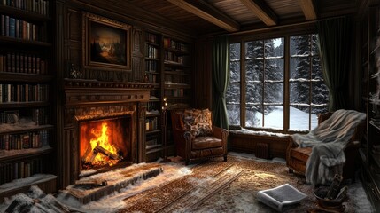Cozy Winter Library Fireplace Scene With Bookshelves