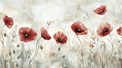 Fototapeta premium Red Poppies Watercolor Painting Floral Artwork