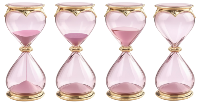 set of modern pink & golden sandglasses / hourglasses isolated over transparent (white) background with different level of sand / liquid; concept of time measuring, break, 