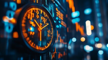 An eye-catching digital clock set against a futuristic backdrop filled with striking blue and orange graphics, symbolizing the connection between time and technology in our lives.