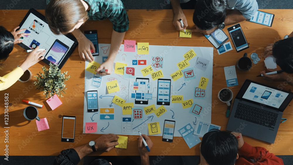 Aufkleber top view of developer team sharing idea of ux ui design by using mind map. top down view of group of