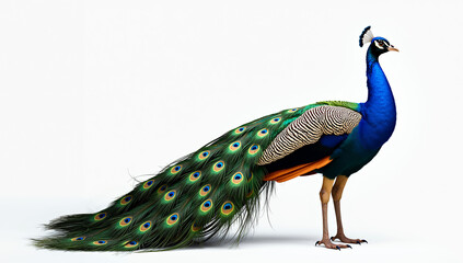 Obraz premium Majestic Peacock Studio Portrait on Pure White Background - Generative AI