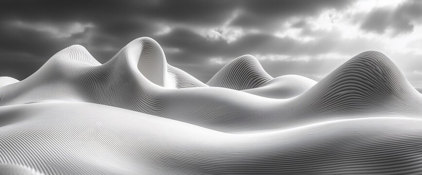 Abstract grayscale landscape of undulating hills under a dramatic sky.