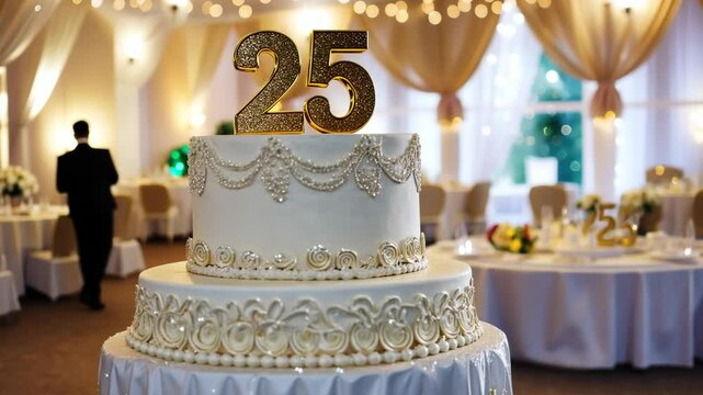 25th birthday cake adorned a gold accents. Birthday party. Blurred light festive background. Golden balloons. Twenty five years, Twenty-fifth anniversary. Celebration cake, golden candles. Numbers 25