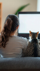 Obraz na płótnie Canvas A young girl and her tabby cat are sitting next to each other on a couch, watching television in a quiet home environment.