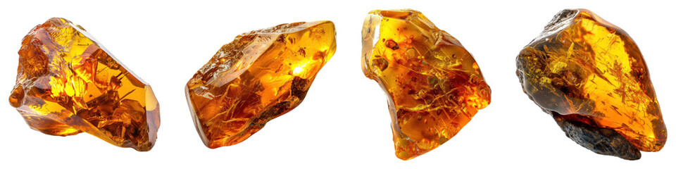 Amber fossil isolated on transparent background, PNG, Set of