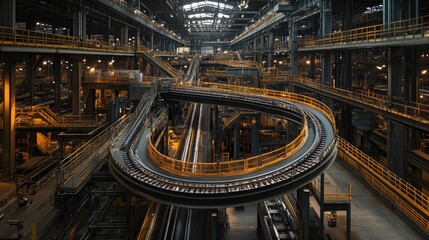 Fototapeta premium Industrial factory interior with complex conveyor system