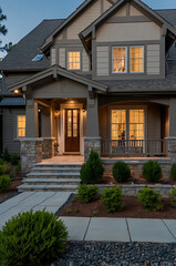Luxury Craftsman Home Exterior at Dusk: Stunning Architectural Design, Landscaping, and Night Lighting
