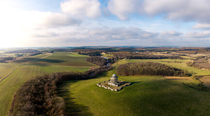 Aerial panorama landscape of the rolling Howardian Hills near the Castle Howard estate in North...
