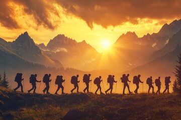 Silhouettes of hikers with backpacks against the backdrop of mountains at sunset. A group walks along an ancient path, climbing to high mountain peaks. 
