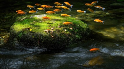 Obraz premium Goldfish swimming near mossy rock in stream