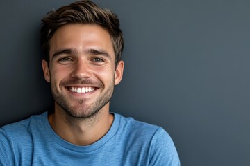 Obraz premium Handsome Smiling Man in a Casual Blue Shirt Against a Neutral Background. Generative AI.