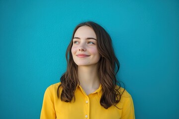 Fototapeta premium Smiling Young Beautiful Woman in a Bright Yellow Shirt Against a Blue Background. Generative AI.