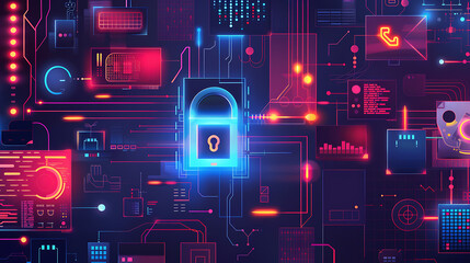 Background, Cybersecurity concept in the background. Lock on digital printed circuit board. Vector illustration